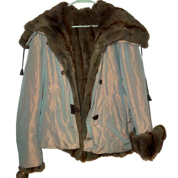 2 In 1 Iridescent Womens Coat Real Rabbit Fur Removable Vest Coat XL L GreenGold - Picture 1 of 11